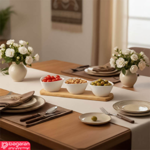 سه کاسه چینی سفید روی پایه چوبی مدل 2720B ریور
